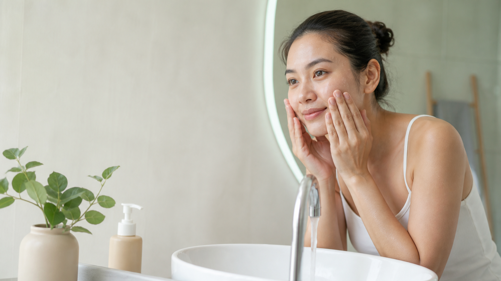 Woman gently washing her face with her fingertips at a clean bathroom sink