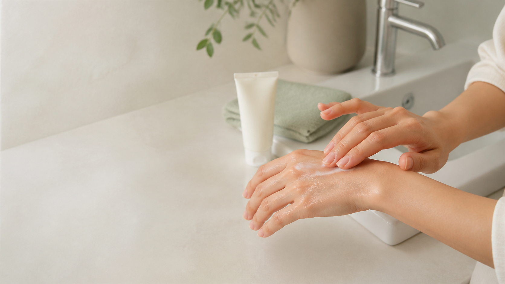 Person gently applying hand cream beside a clean sink after washing