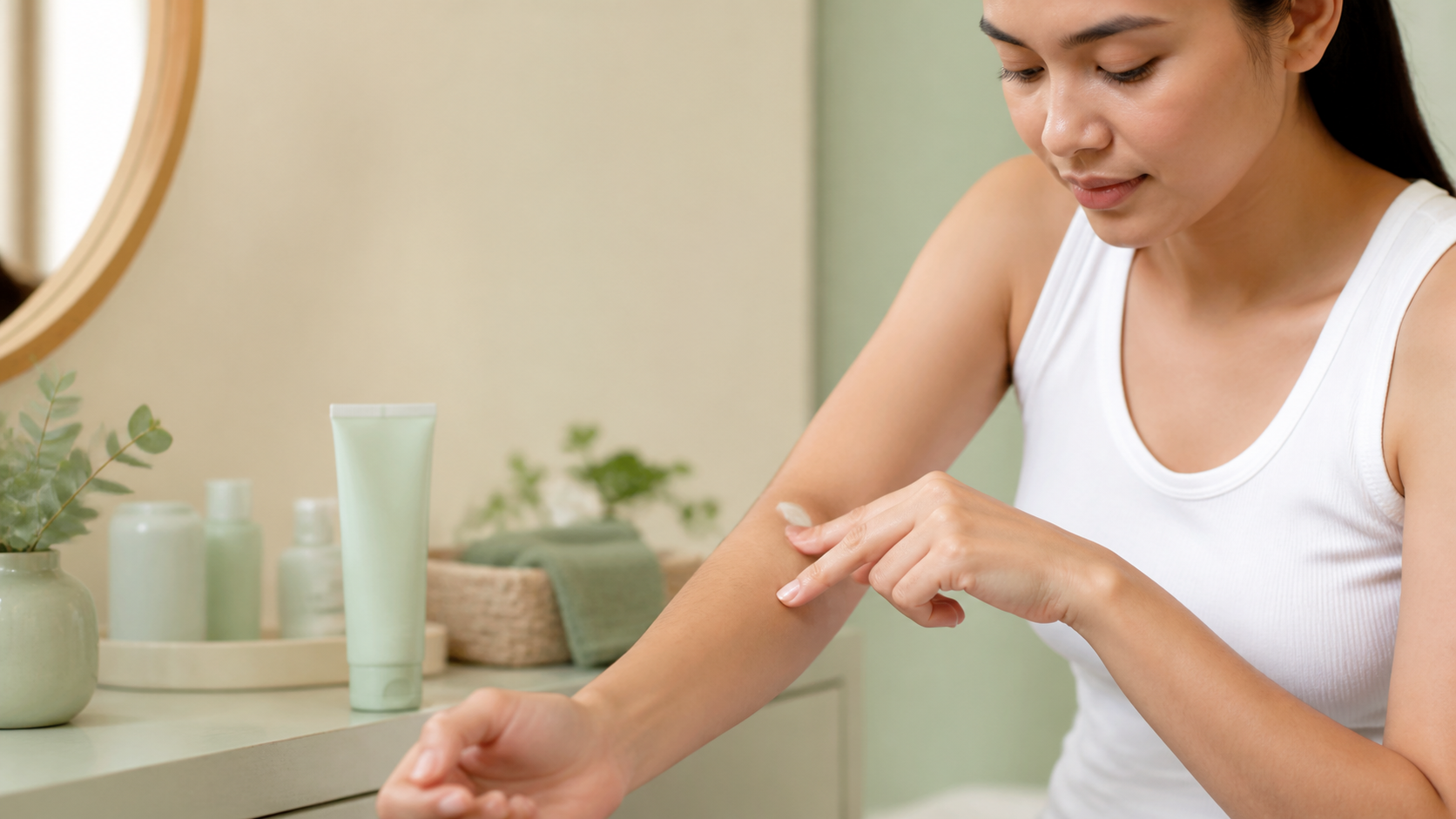Person applying a small amount of skincare product to the inside of the forearm