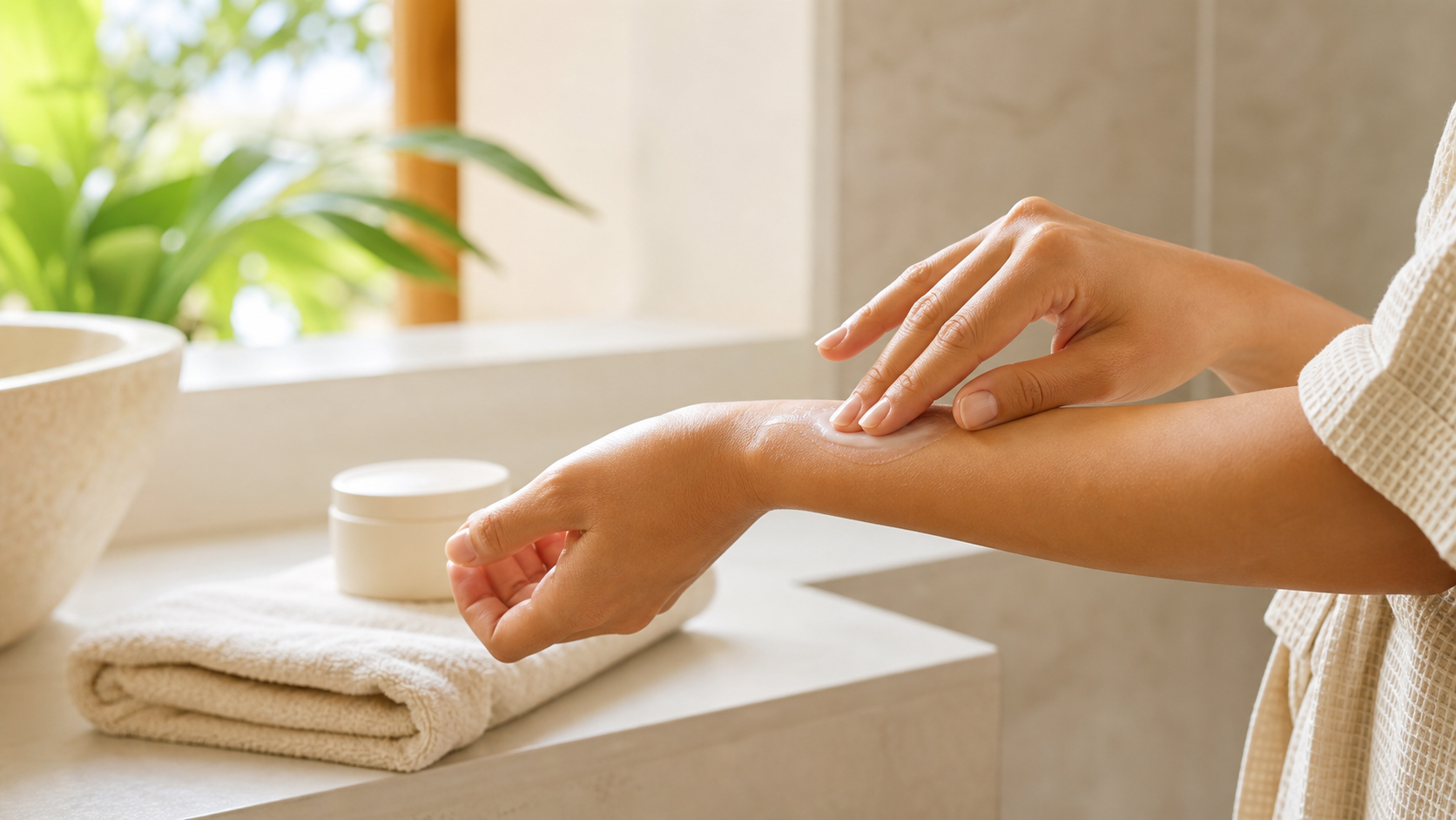Hands applying body moisturizer to a forearm beside a towel in a warm, softly lit bathroom